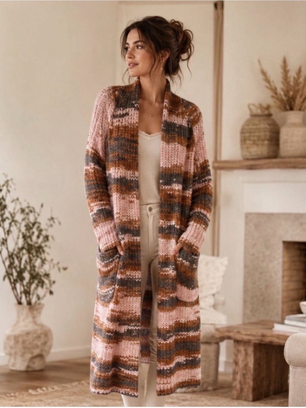 Skull Cashmere Long Open-Front Stripe Knit Cardigan Sweater - Pink/Brown